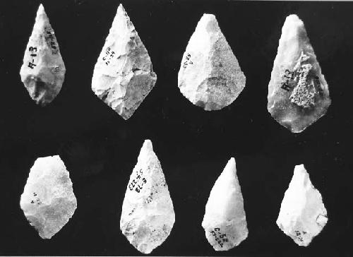 Flint points with triangular base Class E- 9   cat # 52-115; 55-24; 52-33; 52-11