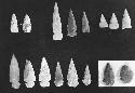 Flint arrowheads, Class E-19 b, d.  cat # 52-213; 52-186.  55-37; 53-145; 54-88;