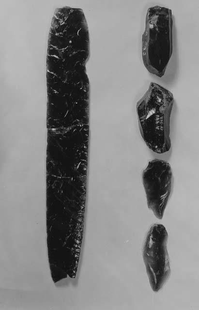 Obsidian blade #53-151 (F-1)   2 large cores #55-169 (F-6) 55-362 (F-6)   2 larg