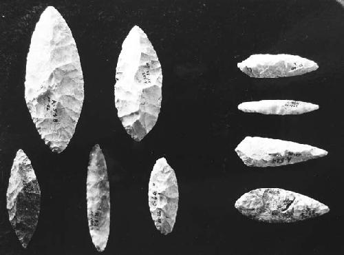 Flint flake scrapers. Class E-1, 9.  52-225; 53-27; 55-321; 55-340   55-124; 53-