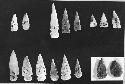 Flint arrowheads, Class E-19 b, d.  cat # 52-213; 52-186.  55-37; 53-145; 54-88;