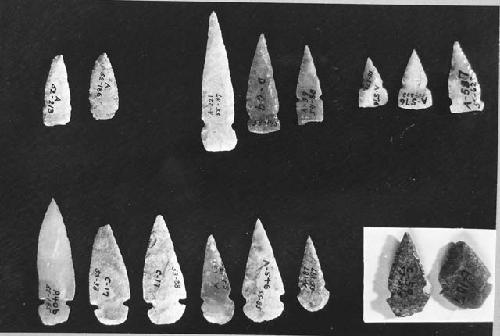 Flint arrowheads, Class E-19 b, d.  cat # 52-213; 52-186.  55-37; 53-145; 54-88;