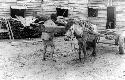 Man placing wood onto horsecart