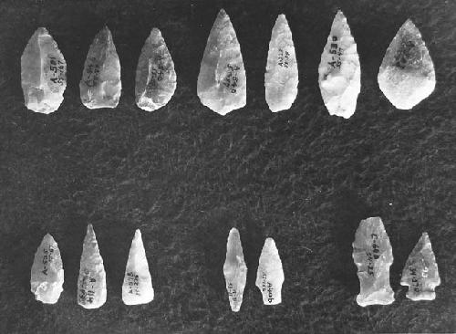 Flint arrowheads, Class E-19 a, c, e, f  cat # 55-167; 55-84; 55-86; 55-87; 55-3