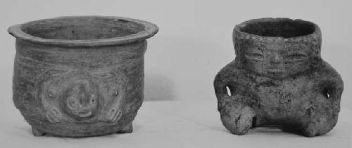 A. Human effigy pot, B. Tripod bowl