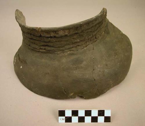 Ceramic rim and body sherd, coiled neck, plain body, mended