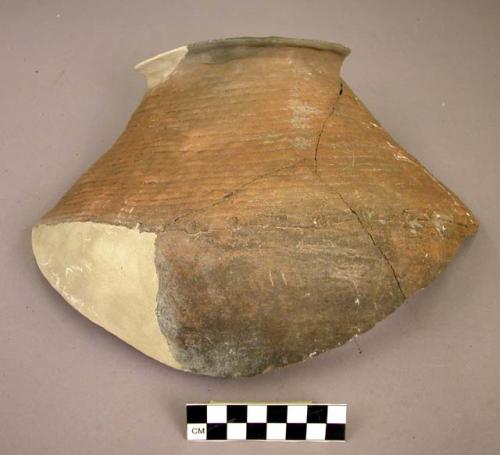 Ceramic rim and body sherd, coiled neck, plain body, mended