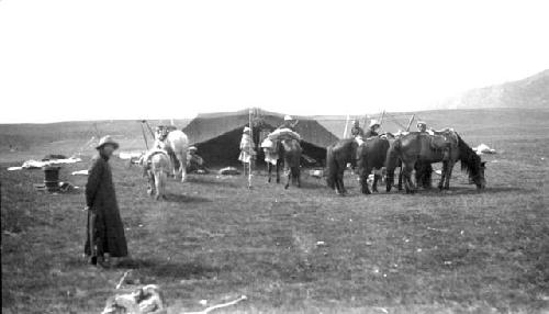 People and horses by a tent