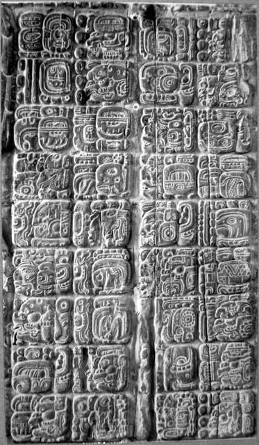 Glyphs on left side of Lintel 3, Temple 4.