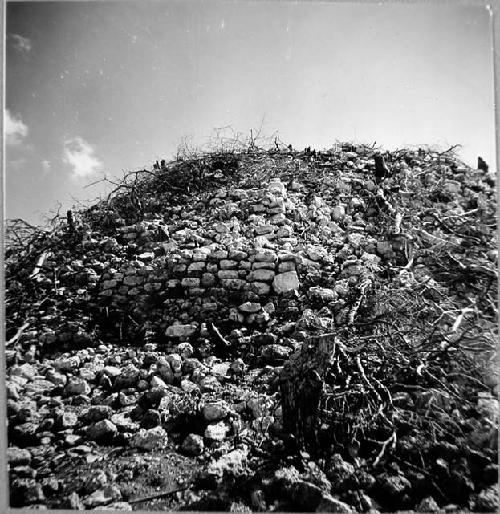 Masonry of mound 1, terrace wall to left, stairway to right