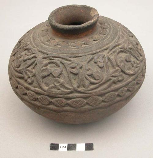 Ceramic pot, incised floral design