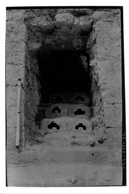 A-V: Temporary stairway with re-used stone roof ornaments