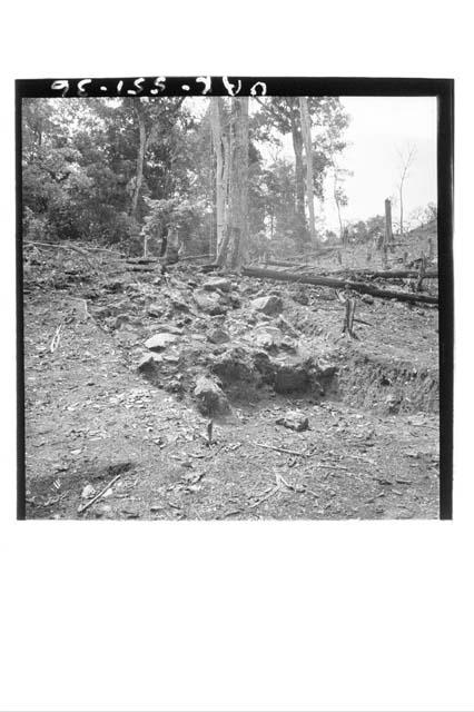 Looking E. at excavation of possible stairway leading up W. side of causeway bet