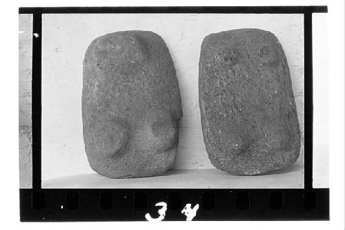 a. Metates with two round and one rectangular legs. Plate is 11 1/2 x 8 1/4  b.