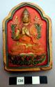 Figurine, moulded clay tsa tsa, painted Tsongkapa seated on lotus throne