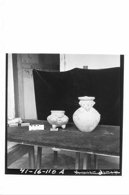 Two Pottery Jars with Lost Color and Applique Decoration