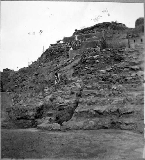 Looking E at repairs of terraces and at stone terraces of Phase I