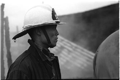 Firefighter with helmet on