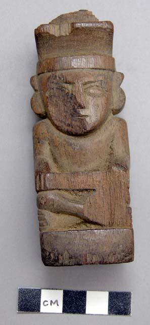 Carved wooden figure - human form; note headdress