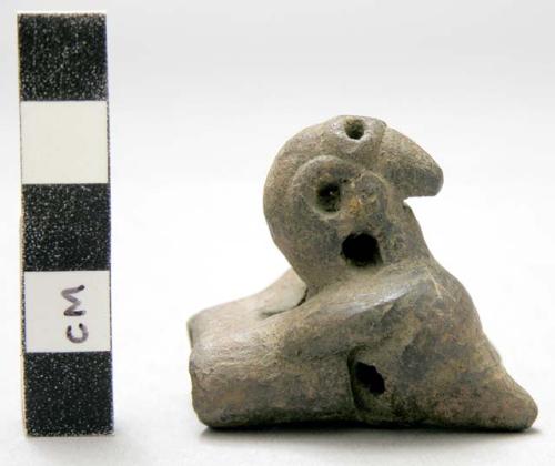 Pottery whistle - bird form. Double-chambered, double mouth piece
