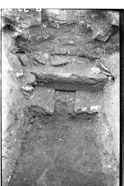 Stela F, entrance to cruciform chamber opened showing earth fill