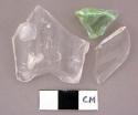 Glass, partial vessel, molded glass, 2 clear, 1 thick green with angles