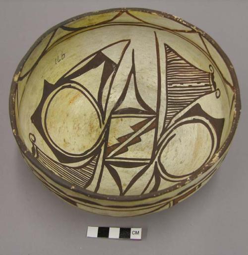 Bowl, polacca polychrome style c. int: zuni rain bird design; ext: linear design