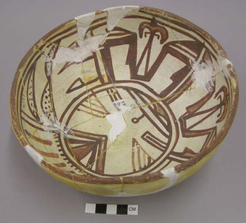 Bowl, polacca polychrome style c. int: kachina design; ext: slipped, no design.