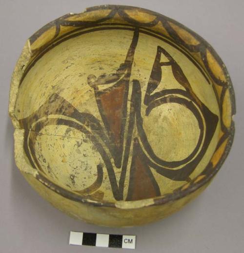 Bowl, polacca polychrome style c. int: zuni rain bird design; ext: slipped, no d