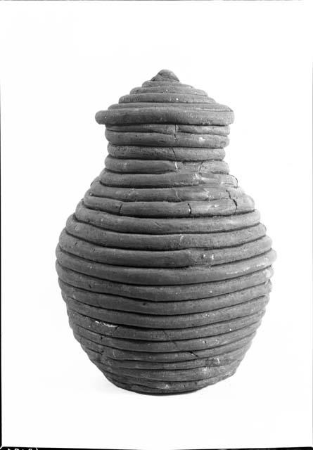 Coil Pottery Jar With Lid, Profile View