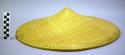 Shallow conical hat of woven bamboo strips, white gauze interior