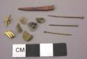Metal, fragments of nail, and tooth, stone flakes, vertebrae