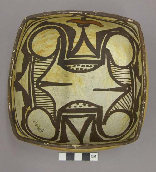 Bowl, polacca polychrome style c. int: zuni rain bird design; ext: slipped, no d