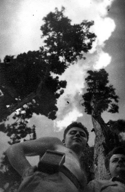 Men looking down with trees and clouds