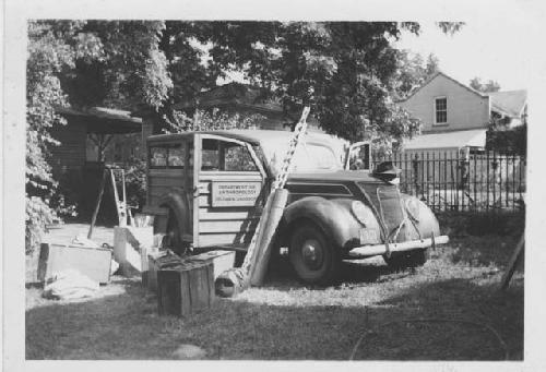 Wood-paneled station wagon which Willey and Woodbury used in the field,  Fl 1940