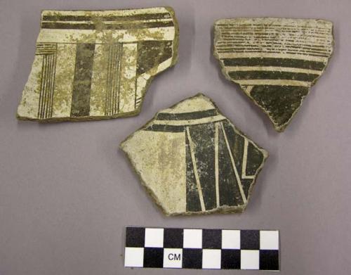 Ceramic sherds, bowl, rim and body sherds, black and white interior