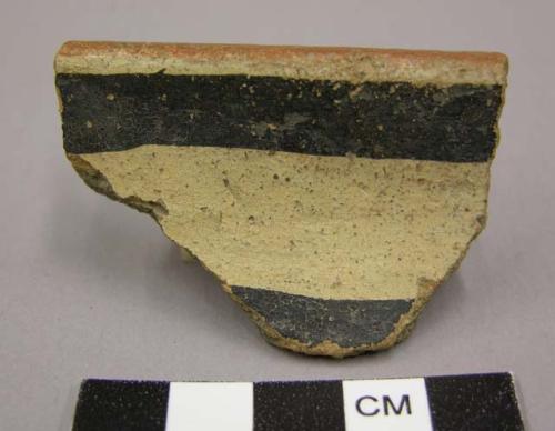 Ceramic sherd, bowl, rim sherd, black and white exterior, red interior