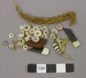 Beads, shell, teeth, tortoise / coconut shell, wood, bark and fiber fragments