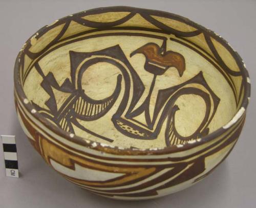 Bowl, polacca polychrome style c. int: zuni rain bird design; ext: linear design