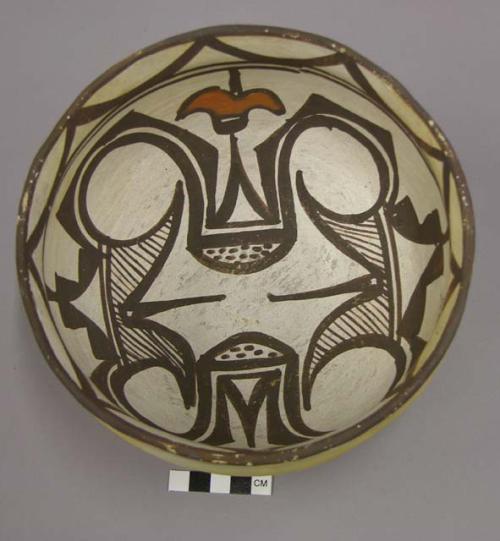 Bowl, polacca polychrome style c. int: zuni rain bird design; ext: slipped, no d