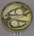 Bowl, polacca polychrome style c. int: zuni rain bird design; ext: slipped, no d