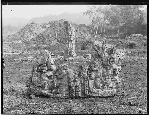 Sculpture G.1 with glyphs, mound in background