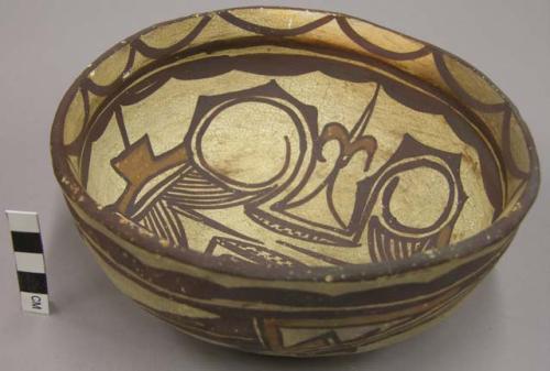 Bowl, polacca polychrome style c. int: zuni rain bird design; ext: linear design