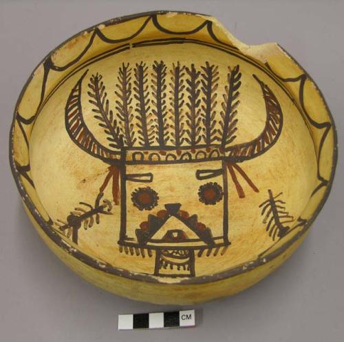 Bowl, polacca polychrome style c. int: kachina design; ext: slipped, no design.