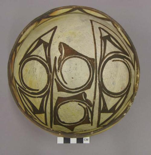 Bowl, polacca polychrome style c. int: zuni rain bird design; ext: slipped, no d