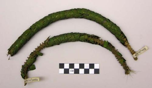 Green beetle wing necklace, broken in half, whose core is made of many threads