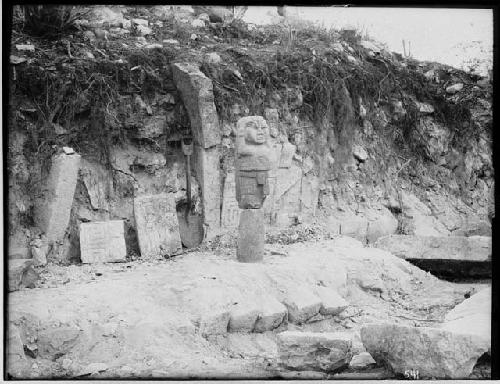 Mound 5 - Southwest corner, doorway, sculptured tablets and statues