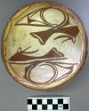 Bowl, polacca polychrome style c. int: zuni rain bird design; ext: linear design