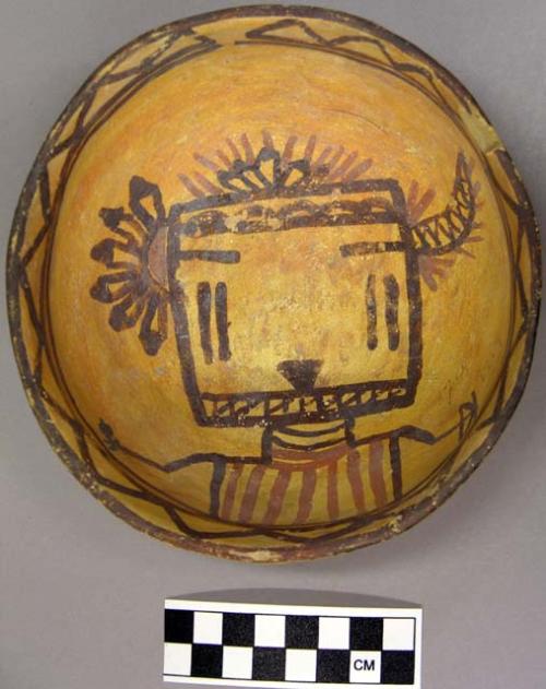 Bowl, polacca polychrome style c. int: kachina design; ext: slipped, no design.