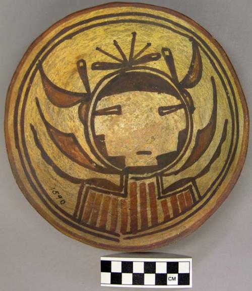 Bowl, polacca polychrome style c. int: kachina design; ext: slipped, no design.